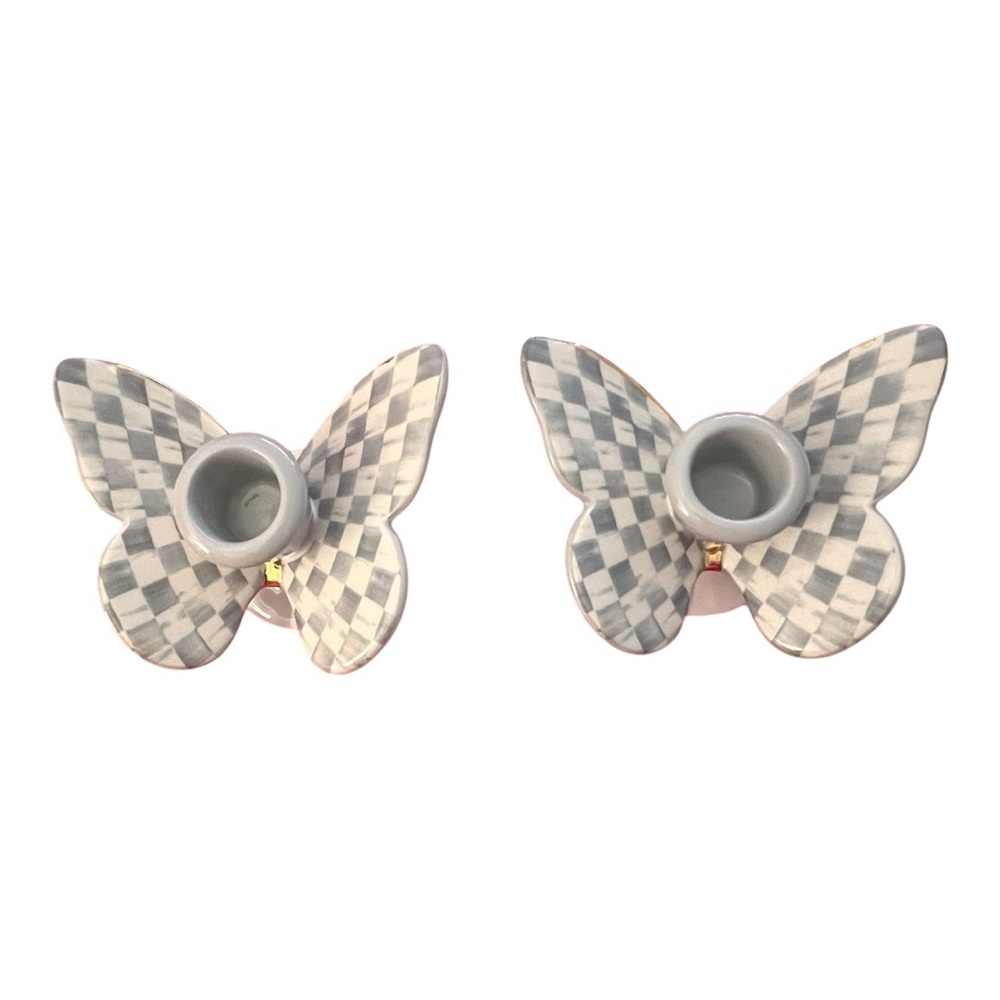 MacKenzie-Childs NWT, NIB Gorgeous Sterling Check Butterfly Candle Holders Set/2 - Picture 2 of 14